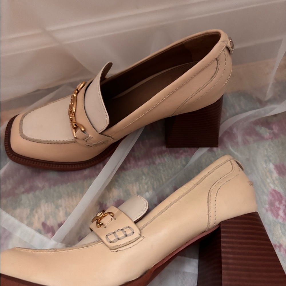 Cream Block-Heel Loafer with Gold Chain Accent - Picture 7 of 9